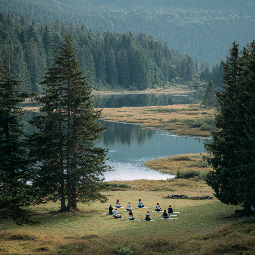Група людей практикує йогу на світанку